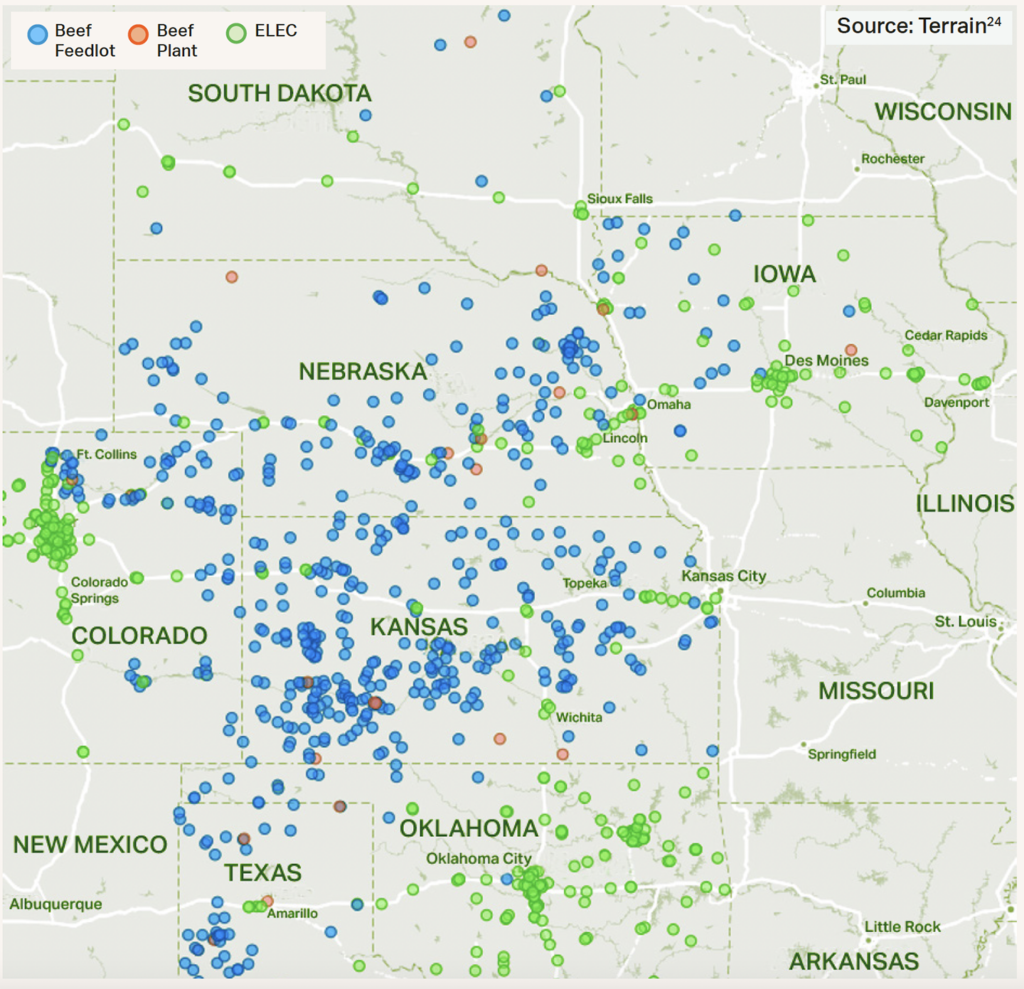 Map showing Beef Feedlot, Beef Processor and Electric Vehicle Charging Station locations across Midwestern States