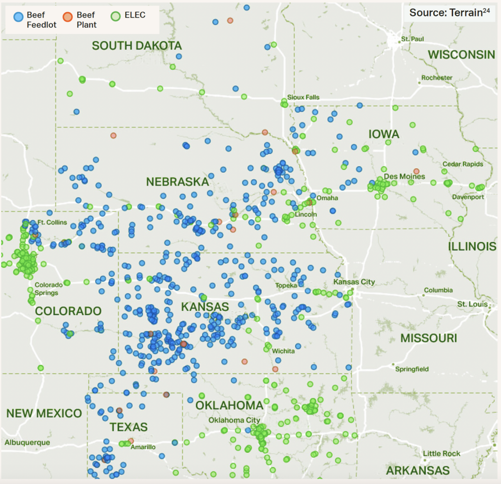 Map showing Beef Feedlot, Beef Processor and Electric Vehicle Charging Station locations across Midwestern States Map showing Beef Feedlot, Beef Processor and Electric Vehicle Charging Station locations across Midwestern States