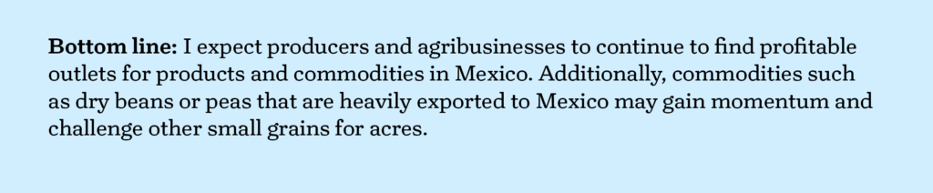 Bottom line: I expect producers and agribusinesses to find profitable outlets for products and commodities in Mexico. Bottom line: I expect producers and agribusinesses to find profitable outlets for products and commodities in Mexico.