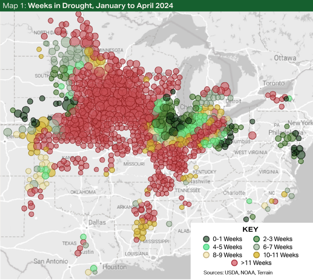 Map 1 - Weeks in Drought, January to April 2024