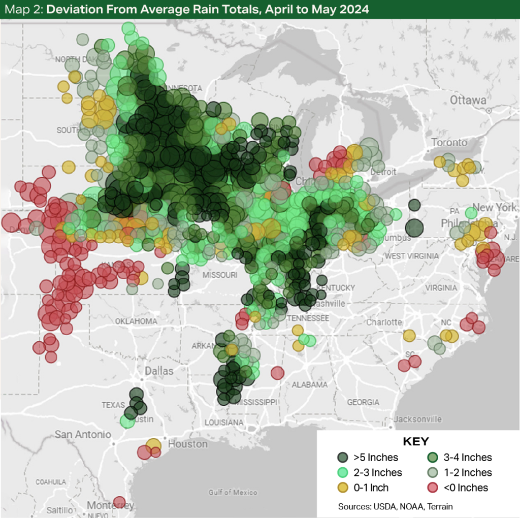 Map 2 - Deviation From Average Rain Totals, April to May 2024