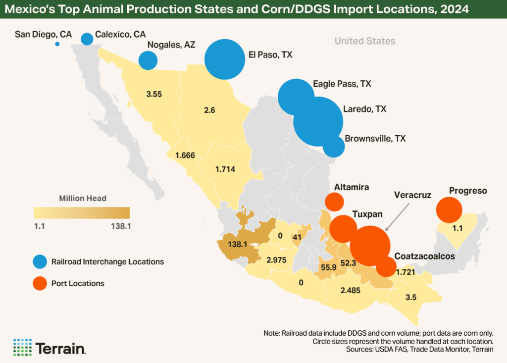 Mexico Report 2025 - Map 1 - Mexico's Top Animal Production States and Corn/DDGS Import Locations, 2024